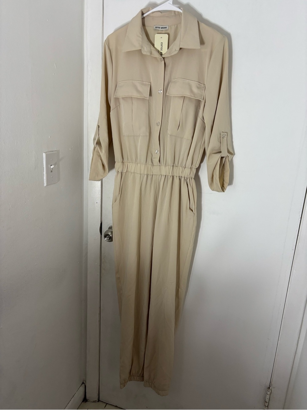 Beige Utility Button-Front Jumpsuit